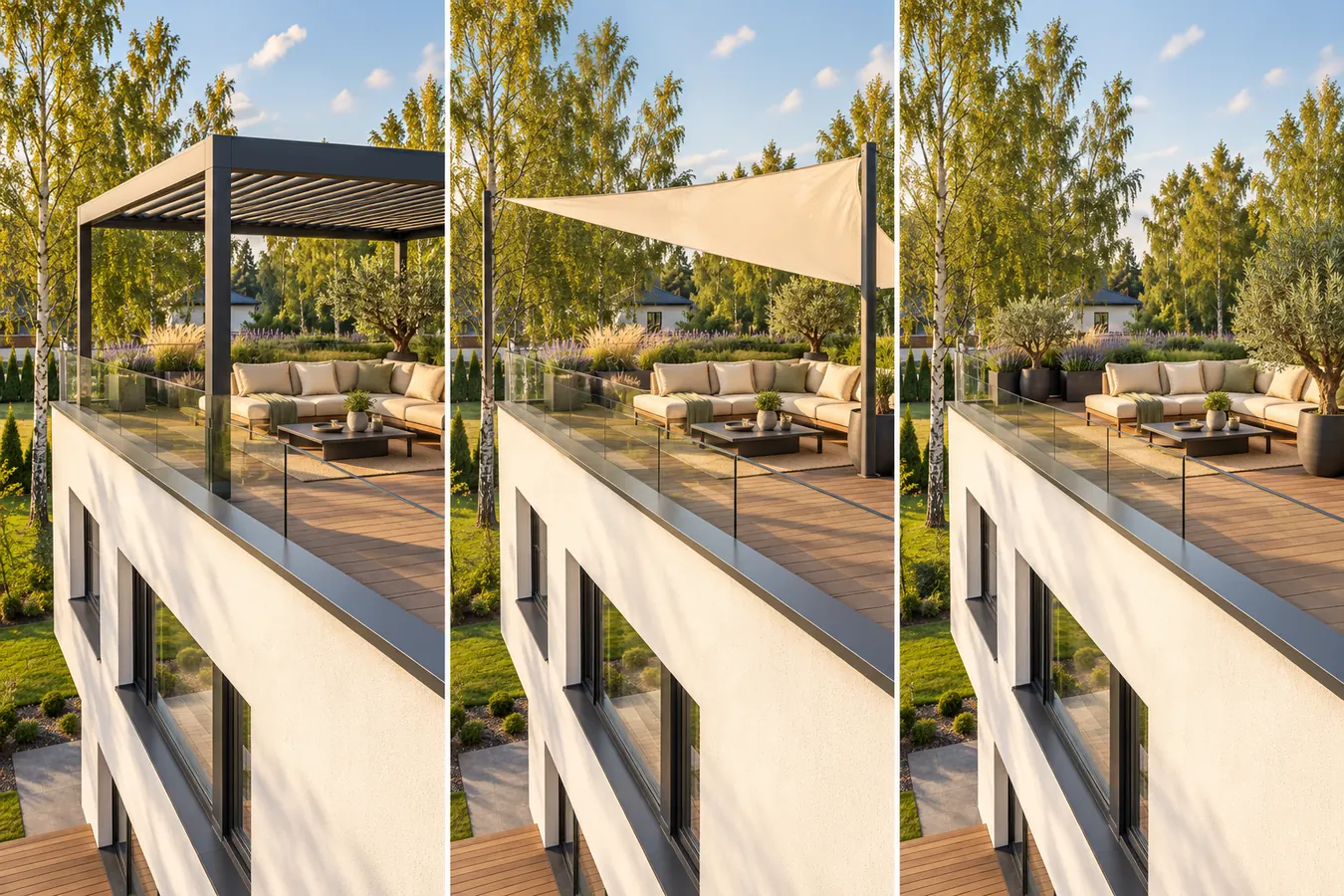 Trīs veidi, kā radīt ēnu uz jumta terases: pergola ar lamelēm, saules bura un augu kastes ar olīvkokiem
